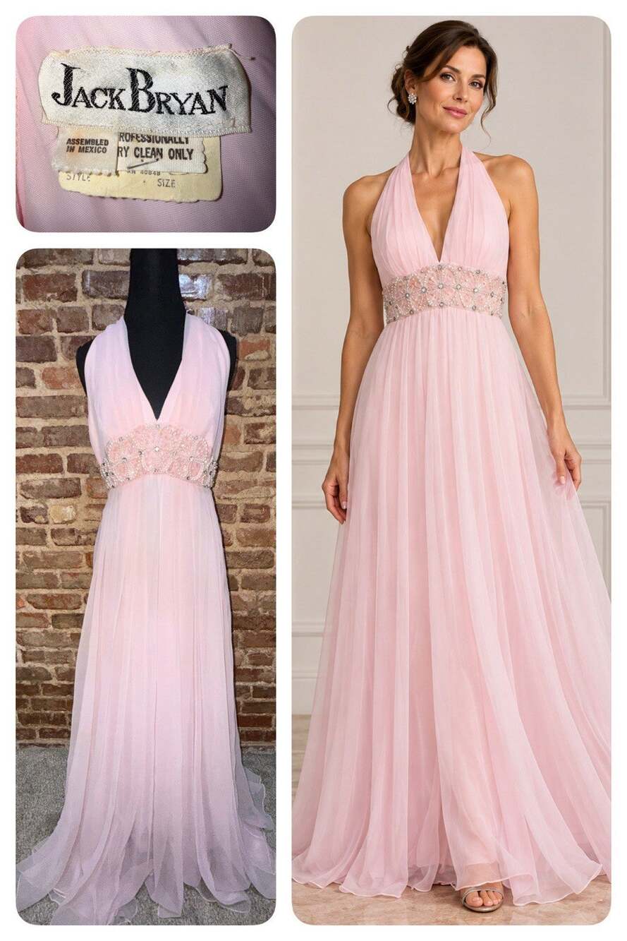 GORGEOUS! 70’s Beaded Empire Waist Pink Chiffon Gown 6 Halter Hollywood Glam EUC